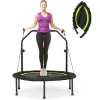 Costway φ101 cm Fitmess trampoline, mini-trampoline met in hoogte verstelbare handgreep en 2 weerstandsbanden, kindertrampoline opvouwbaar, tuintrampoline tot 150 kg belastbaar, voor volwassenen en