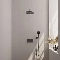 Brauer stripe thermostatische inbouw regendouche met drukknoppen set 29 met 25 cm douchekop en gebogen muurarm en 3-standen handdouche en doucheslang