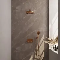 Brauer Stripe Inbouw Regendoucheset Met Drukknoppen - Rechte Wandarm - 3-standen Handdouche - Wandhouder - Geborsteld Koper PVD - Messing - Kranen, - Kranen, Douchekranen, Douchesets, Inbouw