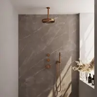 Brauer Stripe Inbouw Regendoucheset Met 2 Stopkranen - 20cm Plafondbuis - Staafhanddouche - Wandhouder - Geborsteld Koper PVD - Messing - Kranen, - Kranen, Douchekranen, Douchesets, Inbouw douchesets