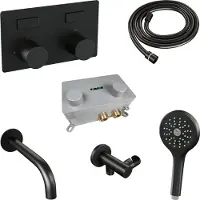 Brauer Stripe thermostatische inbouw badkraan met drukknoppen SET 04 met uitloop en 3-standen handdouche en doucheslang en wandaansluitbocht mat zwart