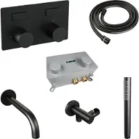Brauer Stripe thermostatische inbouw badkraan met drukknoppen SET 03 met uitloop en staaf handdouche en doucheslang en wandaansluitbocht mat zwart