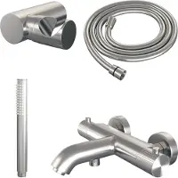 Brauer Stripe opbouw baddouche thermostaatkraan SET 03 met wandhouder en staaf handdouche en doucheslang RVS-kleurig geborsteld PVD