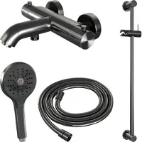 Brauer Stripe Opbouw Bad Thermostaatkraan Glijstangset - Met 3-standen Handdouche - Geborsteld Gunmetal PVD - Messing - Kranen, Badkranen, Opbouw