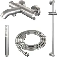 Brauer Stripe Opbouw Bad Thermostaatkraan Glijstangset - Met Staafhanddouche - Geborsteld RVS PVD - Messing - Kranen, Badkranen, Opbouw Badkranen