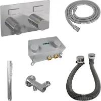 Brauer Stripe thermostatische inbouw badkraan met drukknoppen SET 03 met badvulcombinatie en staaf handdouche en doucheslang en wandaansluitbocht chroom