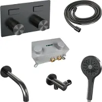 Brauer Stripe Inbouw Badthermostaat Met Drukknoppen En Uitloop - 3-standen Handdouche - Geborsteld Gunmetal PVD - Kranen, Badkranen, Inbouw Badkranen