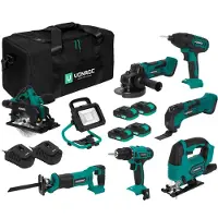 Vonroc Gereedschapsset VPower 20V – 2.0Ah | Incl. 7 machines, LED-Werklamp, 4x 2.0Ah Accu en 2x snellader