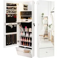 Costway Sieradenkast hangend, spiegelkast afsluitbaar met ledverlichting, laden, make-upkast met inklapbaar opbergvak, sieradenorganizer voor wandmontage, wit