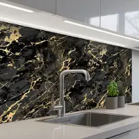 KitchenYeah Keuken achterwand 100x60 cm - Spatscherm zelfklevend Marmer - Zwart - Goudstructuur - Muurbeschermer - Spatwand fornuis