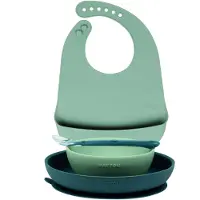 Nattou Siliconen 4-delig Servies Set met Bavet voor Kinderen - Bord + Kom + Lepel - Groen