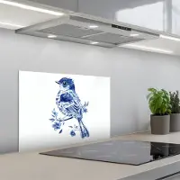 KitchenYeah Spatscherm 60x40 cm - Zelfklevende achterwand Vogel - Delfts blauw - Illustratie - Bloemen - Keuken muurbeschermer - Spatwand fornuis