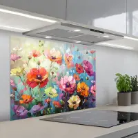KitchenYeah Spatscherm 90x70 cm - Zelfklevende achterwand Bloemen - Kleurrijk - Waterverf - Natuur - Zomer - Keuken muurbeschermer - Spatwand fornuis