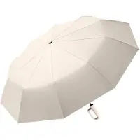 LONGZIMING -Omgekeerde Re Paraplu Beige met Karabijnhaak – Winddicht & Waterdicht – Automatisch Open/Dicht – UV-bescherming UPF 50+