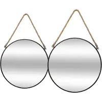 Atmosphera 2x Wandspiegel - rond - D38 cm - metaal - zwart - spiegel met touw