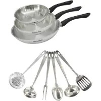 Fackelmann Set of 3 stainless steel frying pans 20, 24 and 28 cm and 6 stainless steel utensils Geneva
