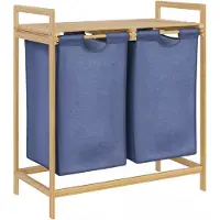CLP Wasmand met deksel - 2 Vakken Sussina - Hout - met Plank - Bamboe Frame - voor Badkamer - natura