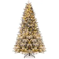 Costway Kunstkerstboom van 240 cm, met verlichting en sneeuw, dennenboom met warmwitte ledlampen, metalen standaard, kerstboom