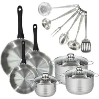 Fackelmann Set 3 pannen 20 24 28 cm, 3 kookpotten 16, 20 en 24 cm in roestvrij staal en 6 roestvrijstalen keukengerei Geneva