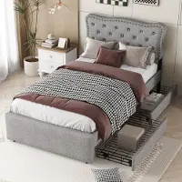 OKWISH Gestoffeerd Bed 90x200 cm - Bedbodems Met Opbergruimte - Golvend Hoofdbord Met Nieten - Linnen - Grijs