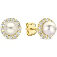 New Bling - 9NBG-0867 - 14K geelgouden Oorknoppen – Witte Parel met Zirkonia – Dames Oorbellen