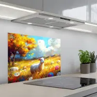 KitchenYeah Spatscherm 70x50 cm - Zelfklevende achterwand Schaap - Weide - Bloemen - Keuken muurbeschermer - Spatwand fornuis