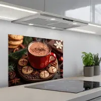 KitchenYeah Spatscherm 70x55 cm - Zelfklevende achterwand Chocolademelk - Mok - Winter - Kerst - Gezelligheid - Keuken muurbeschermer - Spatwand fornuis