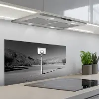 KitchenYeah Spatscherm 90x45 cm - Zelfklevende achterwand Basketbalpaal - Landschap - Zand - Wit - Keuken muurbeschermer - Spatwand fornuis