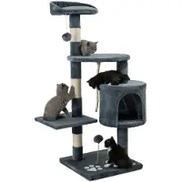 Lionto Kartonnen kraboom voor katten, 112 cm hoog, met hol, sisal touw, pluchen ballen en wandmontage. Compacte klimboom, donkergrijs