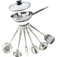 Fackelmann Set pan 24 cm roestvrij staal, glazen deksel en 6 roestvrijstalen keukengerei Eterna