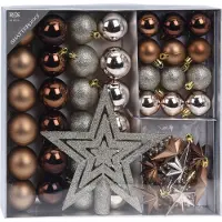 Ambiance H&S Kerstballen met slingers en piek - 44st kunststof bruin - 4-5 cm