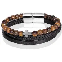 Memphis Heren armband Tijgeroog kraal gevlochten leer Kruis Zilverkleurig Bruin Zwart - 20cm