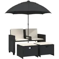 vidaXL Tuinbank 2-zits met parasol en voetenbanken poly rattan zwart
