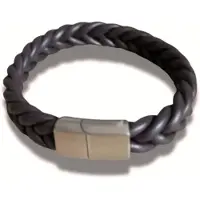 V&L Armband - gevlochten leer bruin - mat metalen schuifslot met magneet - 23 cm (grote polsmaat)