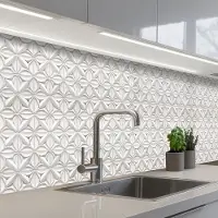 KitchenYeah Keuken achterwand 250x60 cm - Spatscherm zelfklevend 3D - Tegel - Bloem - Reliëf - Wit - Muurbeschermer - Spatwand fornuis
