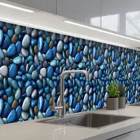 KitchenYeah Keuken achterwand 350x60 cm - Spatscherm zelfklevend Blauwe - Oceaan - Kiezels - Muurbeschermer - Spatwand fornuis