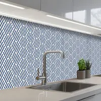 KitchenYeah Keuken achterwand 400x80 cm - Spatscherm zelfklevend Crème - Blauw - Strepen - Patroon - Muurbeschermer - Spatwand fornuis