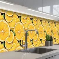KitchenYeah Keuken achterwand 350x60 cm - Spatscherm zelfklevend Grafisch - Citroenschijven - Blaadjes - Muurbeschermer - Spatwand fornuis