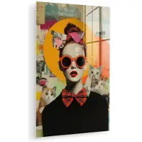 MuchoWow Glasschilderij 20x30 cm - Schilderij acrylglas - Vrouw - Bril - Strik - Retro - Foto op glas - Muurdecoratie woonkamer - Wanddecoratie slaapkamer - Schilderijen