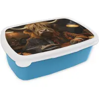 MuchoWow Broodtrommel Blauw - Lunchbox Schotse hooglander - Dier - Pak - Bureau - Brooddoos 18x12x6 cm - Brood lunch box - Broodtrommels voor kinderen en volwassenen
