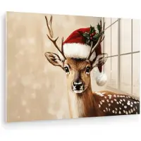 MuchoWow Glasschilderij 90x60 cm - Schilderij acrylglas - Kerst - Hert - Gewei - Rood - Foto op glas - Muurdecoratie woonkamer - Wanddecoratie slaapkamer - Schilderijen