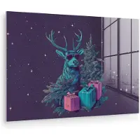 MuchoWow Glasschilderij 90x60 cm - Schilderij acrylglas - Rendier - Zonnebril - Neon - Kerstboom - Foto op glas - Muurdecoratie woonkamer - Wanddecoratie slaapkamer - Schilderijen