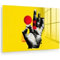 MuchoWow Glasschilderij 90x60 cm - Schilderij acrylglas - Hand - Rode cirkel - Geel - Foto op glas - Muurdecoratie woonkamer - Wanddecoratie slaapkamer - Schilderijen