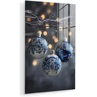 MuchoWow Glasschilderij 100x150 cm - Schilderij acrylglas - Kerstbal - Versierd - Blauw - Foto op glas - Muurdecoratie woonkamer - Wanddecoratie slaapkamer - Schilderijen