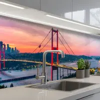 KitchenYeah Keuken achterwand 300x60 cm - Spatscherm zelfklevend Brug - Rood - Skyline - Water - Muurbeschermer - Spatwand fornuis