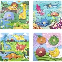 Viga Toys Puzzel met Knoppen - 4 Stukjes, Houten Puzzel voor Kinderen - Hand-Oogcoördinatie en Motorische Vaardigheden - Geschikt voor Kinderen vanaf 2 Jaar - Afm. 26mm Hoog, 22 cm Lengte