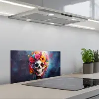 KitchenYeah Spatscherm 60x30 cm - Zelfklevende achterwand Schedel - Bloemen - Doodshoofd - Kleurrijk - Keuken muurbeschermer - Spatwand fornuis