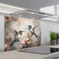 KitchenYeah Spatscherm 90x70 cm - Zelfklevende achterwand Kolibrie - Vogels - Bloemen - Planten - Keuken muurbeschermer - Spatwand fornuis