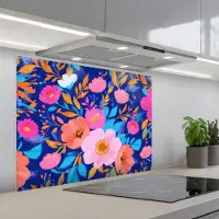 KitchenYeah Spatscherm 90x70 cm - Zelfklevende achterwand Bloemen - Blauw - Roze - Keuken muurbeschermer - Spatwand fornuis