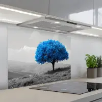 KitchenYeah Spatscherm 80x60 cm - Zelfklevende achterwand Boom - Natuur - Blauw - Zwart wit - Keuken muurbeschermer - Spatwand fornuis